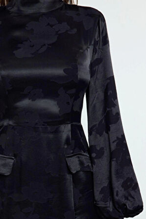 Kadın Moda Şık Mini Boy Dik Yaka Regular A Kesim Balon Kollu Jakar Saten Dokuma Elbise