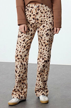 Kadın Moda Şık Kot Pantolon Geniş Paça Uzun Boy Denim Leopar Desenli Yüksek Bel Jeans
