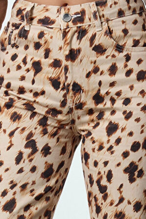 Kadın Moda Şık Kot Pantolon Geniş Paça Uzun Boy Denim Leopar Desenli Yüksek Bel Jeans