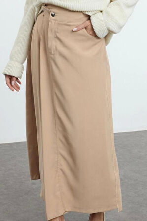 Kadın Moda Stil Maxi Astarsız Dokuma Tesettür Kapaklı Cep Detaylı Dokuma Etek