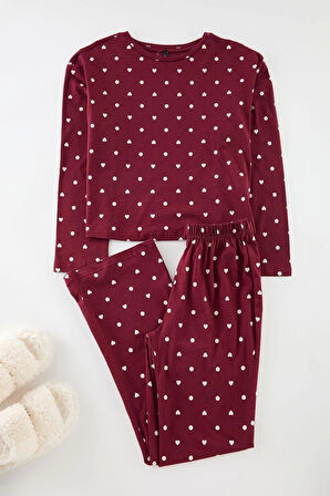 Kadın Moda Bisiklet Yaka Boru Paça Uzun Kol %100 Pamuklu Puantiye ve Kalp Desenli Örme Pijama Takımı