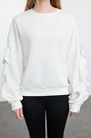 Kadın Moda Relaxed Bisiklet Yaka Düşük Kol Uzun Kolları Fırfır Detaylı Rahat Kalıp Örme Sweatshirt