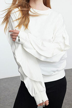 Kadın Moda Relaxed Bisiklet Yaka Düşük Kol Uzun Kolları Fırfır Detaylı Rahat Kalıp Örme Sweatshirt