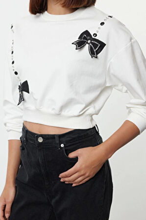Kadın Moda Regular Bisiklet Yaka Standart Kol Standart Fiyonk ve Taş Baskılı Crop Örme Sweatshirt