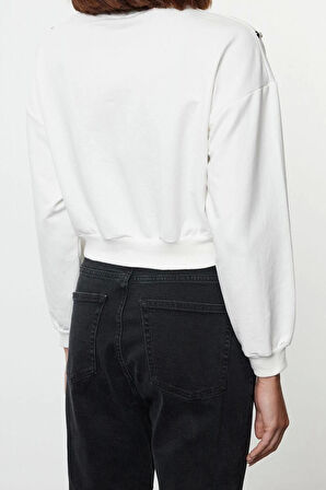 Kadın Moda Regular Bisiklet Yaka Standart Kol Standart Fiyonk ve Taş Baskılı Crop Örme Sweatshirt