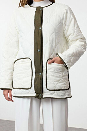 Kadın Moda Şık Oversize Bisiklet Yaka Midi Düz Astarlı Oversize Peluş Detaylı Kapitone Mont