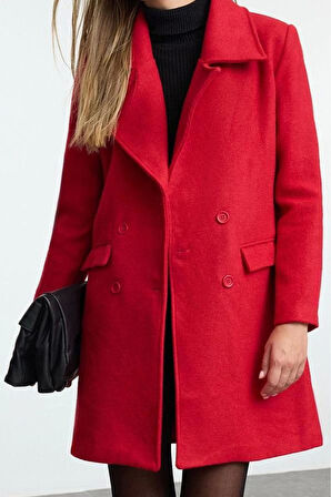 Kadın Moda Şık Regular Ceket Yaka Midi Düz Astarlı Regular Düğme Kapamalı Kaşe Kaban