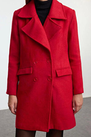 Kadın Moda Şık Regular Ceket Yaka Midi Düz Astarlı Regular Düğme Kapamalı Kaşe Kaban