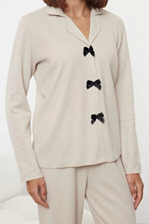 Kadın Moda Şık Gömlek Yaka Boru Paça Uzun Kol Kurdele Fiyonklu Waffle Kumaş Örme Pijama Takımı