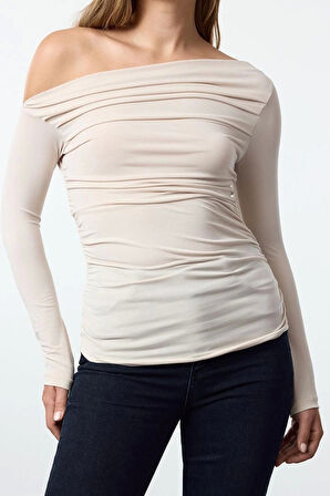 Kadın Regular Asimetrik Yaka Slim Kalıp Örme Büzgü Drape Fitted Vücuda Oturan Kollu Esnek Bluz