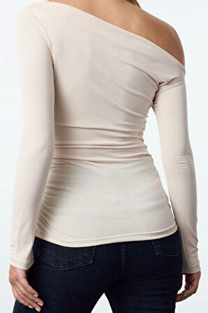 Kadın Regular Asimetrik Yaka Slim Kalıp Örme Büzgü Drape Fitted Vücuda Oturan Kollu Esnek Bluz