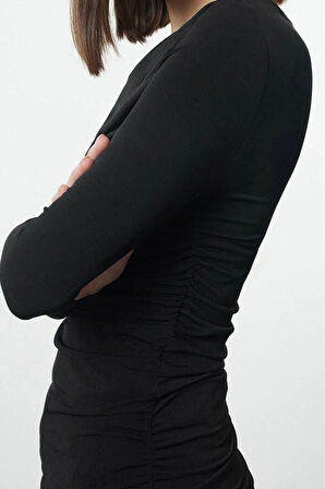Kadın Regular Asimetrik Yaka Slim Kalıp Örme Büzgü Drape Fitted Vücuda Oturan Kollu Esnek Bluz
