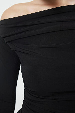 Kadın Regular Asimetrik Yaka Slim Kalıp Örme Büzgü Drape Fitted Vücuda Oturan Kollu Esnek Bluz