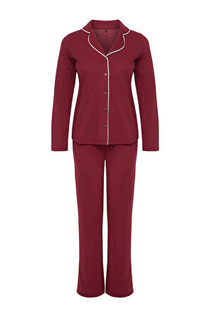 Kadın Moda Şık Gömlek Yaka Boru Paça Uzun Kol Biyeli Örme Pijama Takımı