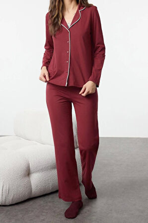 Kadın Moda Şık Gömlek Yaka Boru Paça Uzun Kol Biyeli Örme Pijama Takımı
