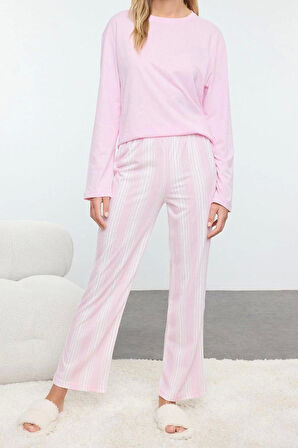 Kadın Moda Şık Bisiklet Yaka Boru Paça Uzun Kol %100 Pamuklu Çizgili Örme Pijama Takımı