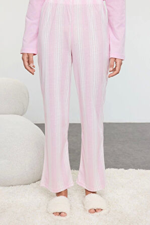 Kadın Moda Şık Bisiklet Yaka Boru Paça Uzun Kol %100 Pamuklu Çizgili Örme Pijama Takımı