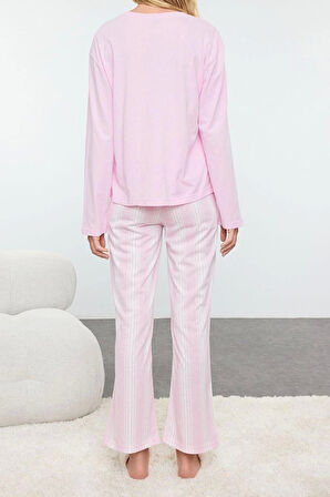 Kadın Moda Şık Bisiklet Yaka Boru Paça Uzun Kol %100 Pamuklu Çizgili Örme Pijama Takımı