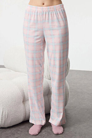 Kadın Moda Şık Bisiklet Yaka Boru Paça Uzun Kol Pamuklu Ekoseli Uyku Bantlı Örme Pijama Takımı