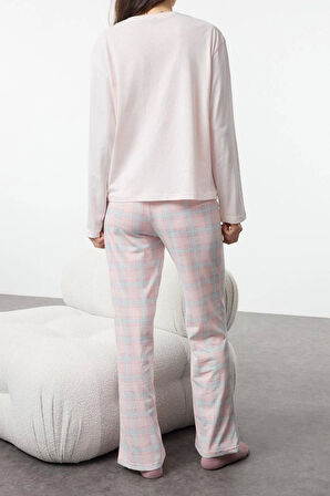 Kadın Moda Şık Bisiklet Yaka Boru Paça Uzun Kol Pamuklu Ekoseli Uyku Bantlı Örme Pijama Takımı