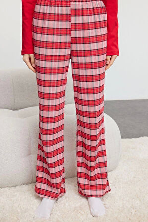 Kadın Moda Şık Bisiklet Yaka Boru Paça Uzun Kol Pamuklu Ekoseli Uyku Bantlı Örme Pijama Takımı