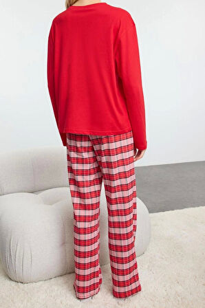 Kadın Moda Şık Bisiklet Yaka Boru Paça Uzun Kol Pamuklu Ekoseli Uyku Bantlı Örme Pijama Takımı
