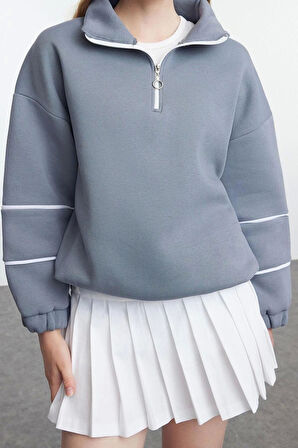 Kadın Moda Şık Oversize Fermuarlı Yaka Düşük Kol Standart Biye Detaylı Geniş Kalıp Örme Sweatshirt
