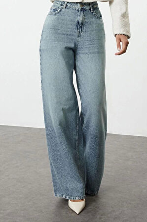 Kadın Moda Şık Kot Pantolon Geniş Paça Uzun Boy Denim Mavi Yüksek Bel Ekstra Palazzo Jeans