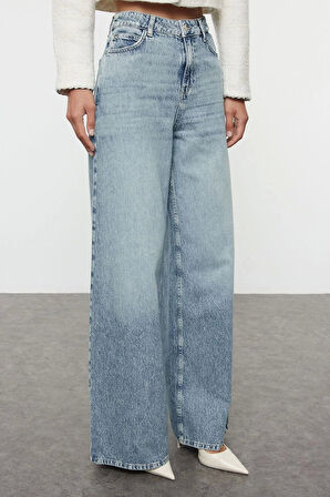 Kadın Moda Şık Kot Pantolon Geniş Paça Uzun Boy Denim Mavi Yüksek Bel Ekstra Palazzo Jeans