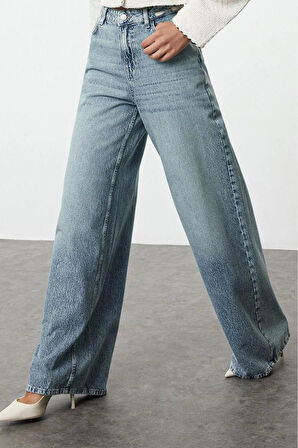 Kadın Moda Şık Kot Pantolon Geniş Paça Uzun Boy Denim Mavi Yüksek Bel Ekstra Palazzo Jeans