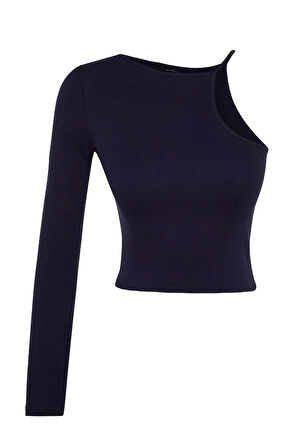 Kadın Moda Şık Crop Bisiklet Yaka Tek Kol Slim Kalıp Örme Fitilli Fitted Vücuda Oturan Esnek Bluz