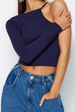 Kadın Moda Şık Crop Bisiklet Yaka Tek Kol Slim Kalıp Örme Fitilli Fitted Vücuda Oturan Esnek Bluz