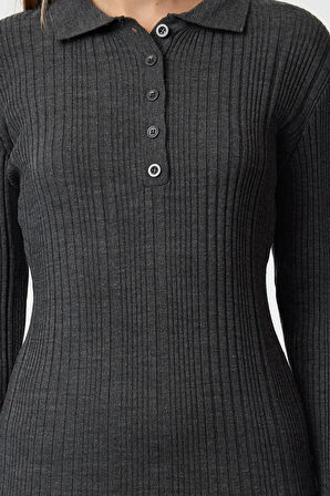 Kadın Moda Şık Tesettür Maxi Boy Polo Yaka Fitted Ribana Triko Elbise