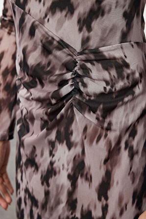 Kadın Moda Şık Maxi Boy Bisiklet Yaka Regular Baskılı Büzgü Drape Örme Elbise