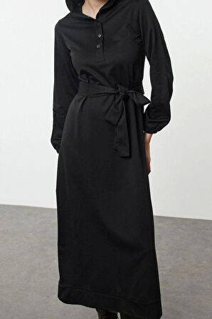 Kadın Moda Şık Tesettür Maxi Boy Kapüşonlu Oversize Normal Kalıp Örme Elbise