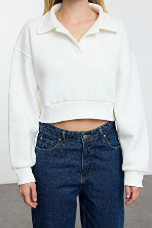 Kadın Moda Oversize Polo Yaka Düşük Kol Uzun Rahat Kalıp Polo Yaka Kalın İçi Polarlı Örme Sweatshirt