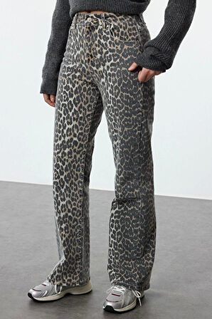 Kadın Moda Şık Kot Pantolon Boru Paça Uzun Boy Denim Leopar Desenli Kahverengi Yüksek Bel Jeans