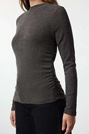 Kadın Moda Şık Üst Giyim Regular Dik Yaka Slim Kalıp Örme Büzgü Drape Detaylı Normal Kalıp Bluz