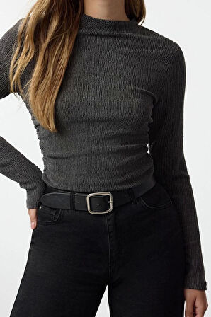 Kadın Moda Şık Üst Giyim Regular Dik Yaka Slim Kalıp Örme Büzgü Drape Detaylı Normal Kalıp Bluz