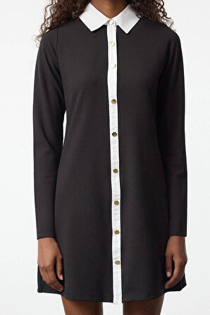 Kadın Moda Şık Mini Boy Düğmeli Yaka Regular Renk Bloklu Düğme Detaylı Örme Elbise