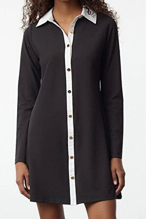 Kadın Moda Şık Mini Boy Düğmeli Yaka Regular Renk Bloklu Düğme Detaylı Örme Elbise