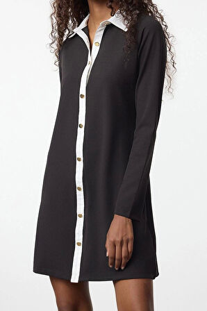 Kadın Moda Şık Mini Boy Düğmeli Yaka Regular Renk Bloklu Düğme Detaylı Örme Elbise