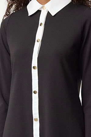 Kadın Moda Şık Mini Boy Düğmeli Yaka Regular Renk Bloklu Düğme Detaylı Örme Elbise