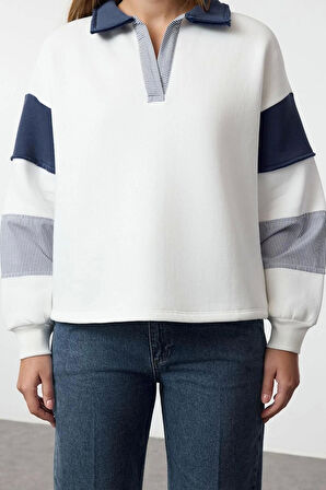 Kadın Moda Şık Bol Polo Yaka Düşük Kol Uzun Dokuma Garnili Geniş Kalıp Örme Sweatshirt