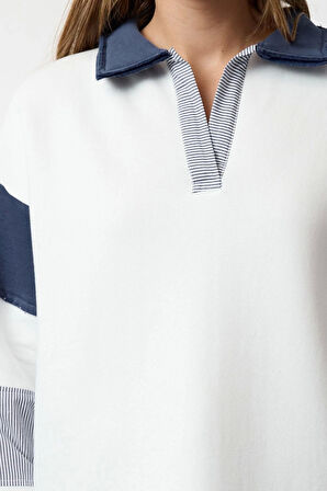 Kadın Moda Şık Bol Polo Yaka Düşük Kol Uzun Dokuma Garnili Geniş Kalıp Örme Sweatshirt