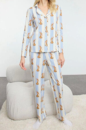 Kadın Moda Şık Gömlek Yaka Boru Paça Uzun Kol %100 Pamuklu Çizgili Tavşan Desenli Örme Pijama Takımı
