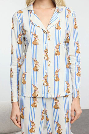 Kadın Moda Şık Gömlek Yaka Boru Paça Uzun Kol %100 Pamuklu Çizgili Tavşan Desenli Örme Pijama Takımı