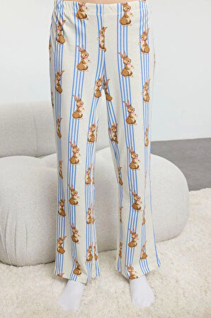 Kadın Moda Şık Gömlek Yaka Boru Paça Uzun Kol %100 Pamuklu Çizgili Tavşan Desenli Örme Pijama Takımı