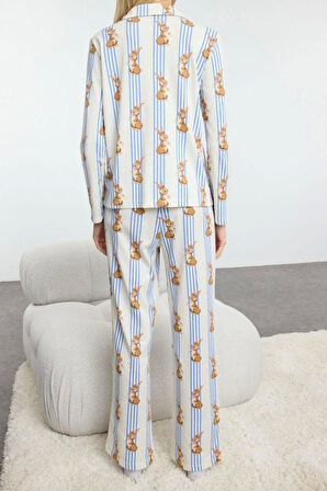 Kadın Moda Şık Gömlek Yaka Boru Paça Uzun Kol %100 Pamuklu Çizgili Tavşan Desenli Örme Pijama Takımı