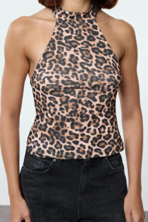 Kadın Moda Şık Regular Halter Yaka Slim Kalıp Örme Leopar Baskılı Fitted Vücuda Oturan Esnek Bluz
